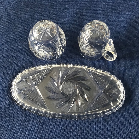 Vintage Pin Wheel Cut Crystal Cream and Sugar on Tray  Set of 3 - Picture 4 of 4